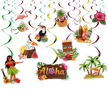 12Pcs Décoration Suspendue Hawaïenne Serpentin Flamant Aloha Tourbillon Ornement Tropical Plafond pour Fête Tiki Été Luau Plage
