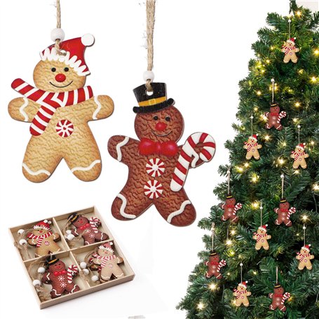 12Pcs Décoration Sapin Noël Pendentif en Bois Motif Bonhomme Pain d’épice Suspension Ornement à Suspendre pour Arbre Noël Chambr
