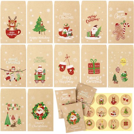 48Pcs Mini Enveloppe Noël 48Pcs Autocollant Pochette en Kraft Sac Cadeau Merry Christmas Joyeux Noël Sachet pour Petit Cadeau Bo