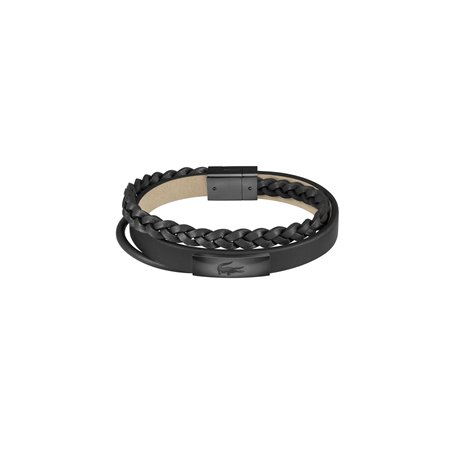 Lacoste Bracelet pour Homme Collection FUSION avec Cuir Noir et Acier Inoxydable Noir avec une Plaque Gravée - 2040318
