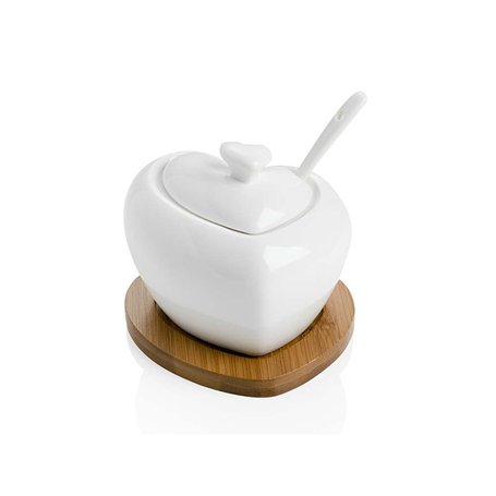 BRANDANI 54206 Sucrier avec cuillère en porcelaine blanche et support bambou