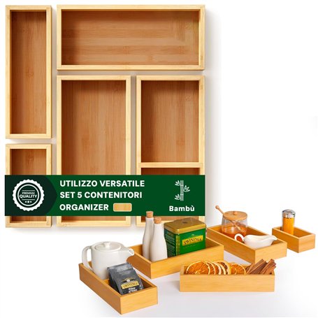 Avilia Lot de 5 organiseurs multifonctions en bambou - Différentes tailles - Diviseurs pour tiroirs cuisine