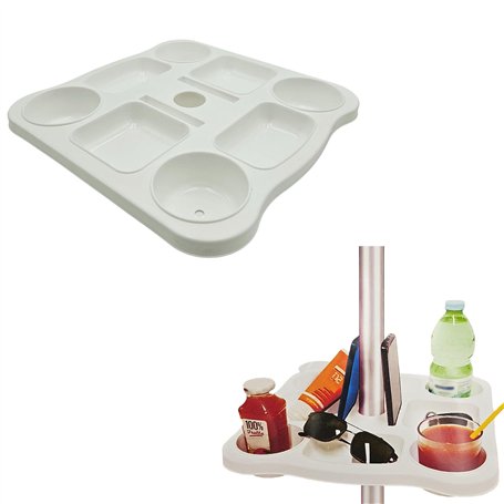 Plateau pour parasol 37 x 37 cm - Table basse de plage et jardin avec 4 porte-gobelets et compartiments porte-collations et smar