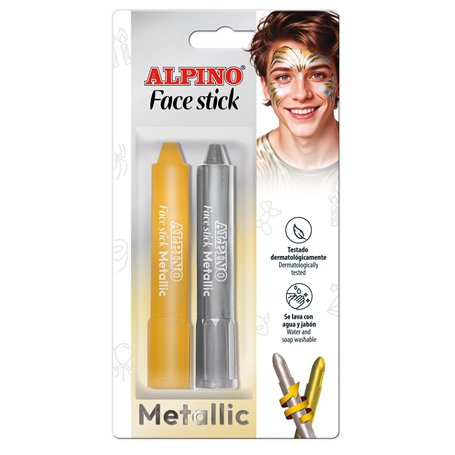Alpino - Blister de 2 bâtons de maquillage Face Stick Metallic - Or et argent | Finition brillante et durable | Application faci