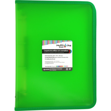 Grafoplás Classeur à anneaux avec fermeture éclair A4+ Vert | Multiline | 4 anneaux mixtes 25 mm | Couverture en polypropylène r