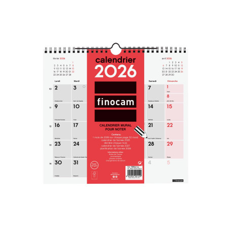 Finocam – Calendrier mural 2026 1 Mois par page Janvier – Décembre 2026 (12 mois) | Calendrier 2026 pour noter | Planificateur m