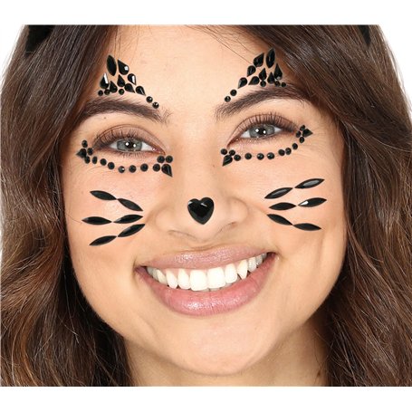 FIESTAS GUIRCA | Bijoux Faciaux Autocollants Chat pour Femme - Accessoire de Maquillage pour Halloween et Fêtes à Thème - Idéal