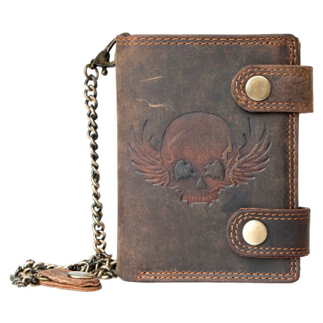 FLW - Portefeuille de motard en cuir véritable avec une tête de mort avec chaîne – RFID