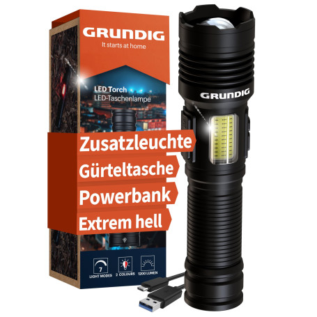 GRUNDIG Lampe de poche LED rechargeable - Extrêmement lumineuse - Technologie ionique - Anti-défaillance avec lampe de travail s