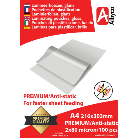 Albyco Pochettes de Plastification Premium ANTISTATIQUE Pochette Plastifieuse A4 (216x303mm) - Épaisseur 2x80 (160) Microns