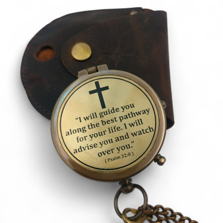Boussole en laiton antique avec gravure Psaume 32:8" – Avec étui en cuir – Cadeau chrétien pour hommes et femmes – Boussole vint