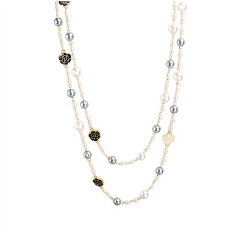 Aaobor Bijoux fantaisie créateur camélia et perle Long collier de clavicule pour femmes Collier de perles d'imitation cadeau