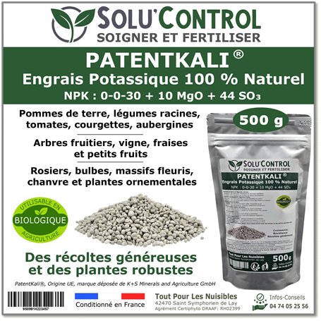 500 g de PatentKali® SOLU’CONTROL – Engrais Potassique 100% Naturel – NPK 0-0-30 + Magnésium (MgO 10%) et Soufre (SO₃ 44%) – Pla