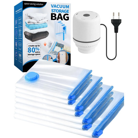 Sac sous Vide Vetement Aspirateur et Pompe Électrique, 7 Pièces Sac Rangement Sous Vide Aspirateur - 1 Jumbo, 2 Grands, 2 Moyens