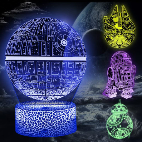 Star Wars Lampe 3D Illusion Veilleuse, Led 3d Lampe Hologramme avec 16 Couleurs Changeantes et Télécommande, Cadeaux de Noël pou
