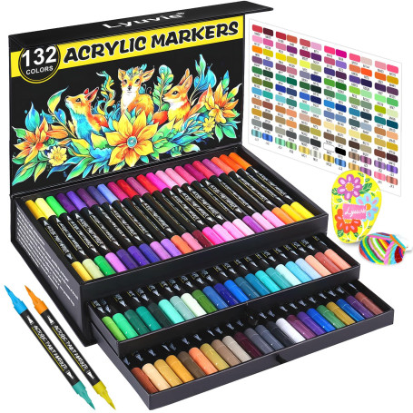 Lyuvie 132 Couleurs Feutre Acrylique,66 Pcs Acrylic Paint Marker Marqueur Peinture Acrylique Pointe Brush pour Roche Tissu Pierr