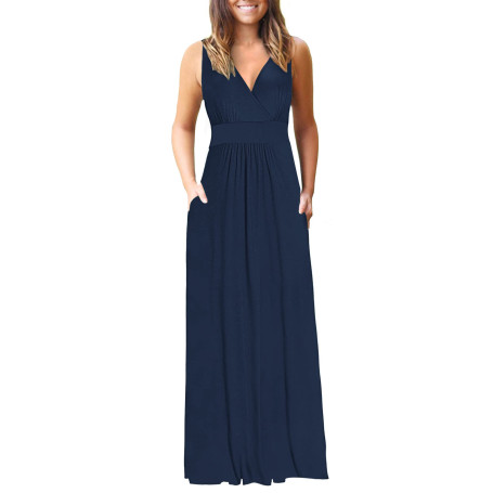 AUSELILY Ete Robe Longue Femme Maxi Robe V Col sans Manches avec Poches