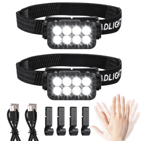 Lot de 2 lampes frontales LED rechargeables - Super lumineuses - 2500 lumens - 5 modes d'éclairage - Léger - IPX6 - Étanche - Ca