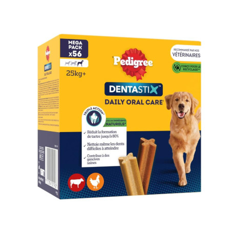 PEDIGREE DENTASTIX 56 Bâtonnets à Mâcher pour Grand Chiens 25kg+, 8 Sachets de 7, Saveur Poulet et Bœuf, Détartrage Dentaire Chi