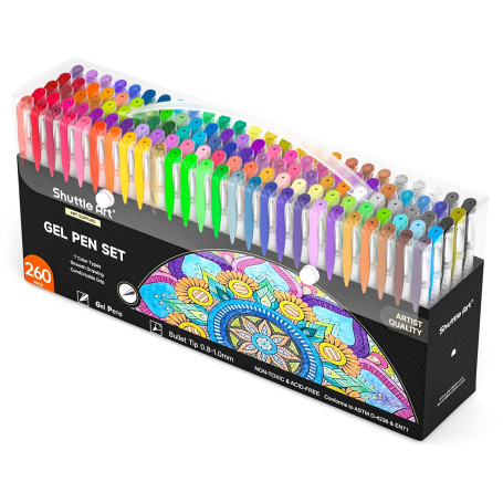Shuttle Art 260 Stylo Gel Couleur, Lot Stylo Couleur 130 Stylos à Bille à Encre Gel avec 130 Recharges Inclus Couleur Paillette 