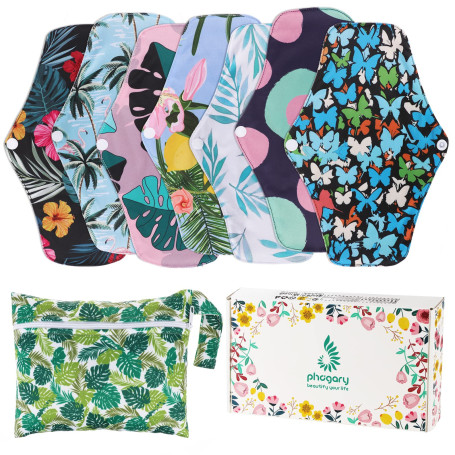 PHOGARY Serviette Hygiénique Lavable, Lot de 7 Serviettes Hygiéniques Réutilisables avec 1 Sac de Rangement, 26 cm