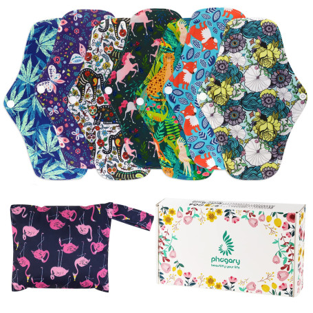 Wiederverwendbare Hygienetücher Pads (7 in 1, 25,4 cm), Antibakterielle Bambus-Slipeinlagen mit nassem Beutel, Schwerer Fluss-Na