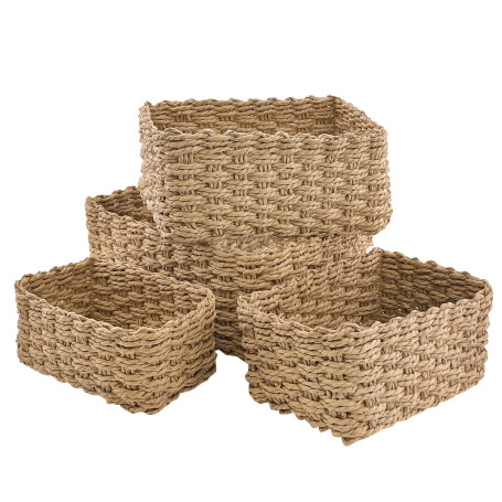 Panier Osier Rangement Salle de Bain Corbeille Enfant Jaune en Papier Bio Écologique Lot de 4 pour Jouets, CD, Cosmétique,langes