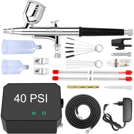 Powate 40 PSI Kit Aérographe Complet Professionnel avec Compresseur Aérographe - 0.2/0.3/0.5 mm Buses pour Nail Art, L'artisanat