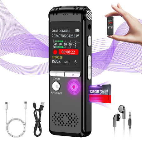 128GB Digital Voice Activated Recording Device, Enregistreur Vocal 1536Kpbs avec Playback, Suppression Intelligente du Bruit, En