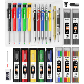Nicpro 27 pièces crayons de charpentier pour le travail du bois, crayon chantier avec 100 recharges, poinçon central automatique