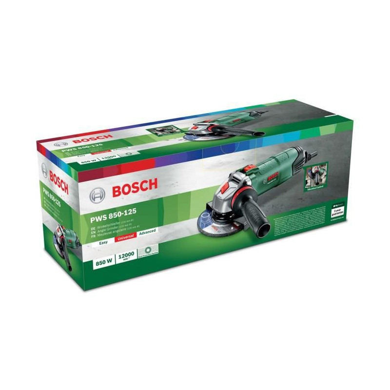 Meuleuse à main Bosch - PWS 850-125 + AVH (Livrée dans un carton 1 poignée anti-vibration, 1 capot de protection)