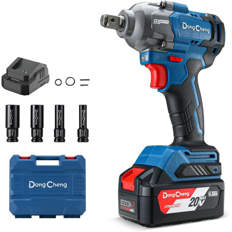 Dong Cheng clé à chocs sans fil 20 V avec Batterie 4,0Ah, 488 N.m Boulonneuse à choc sans balais 1/2", 3 vitesses, avec 4 douill