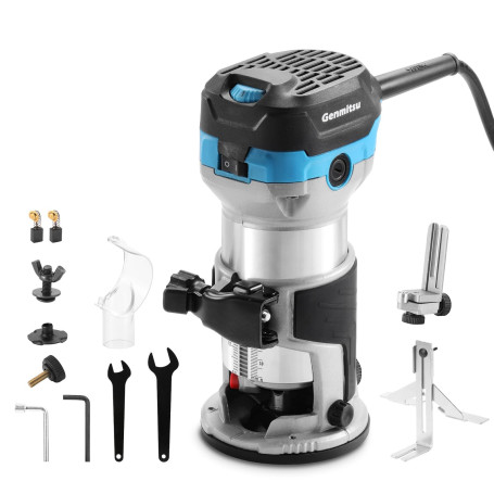 Genmitsu Défonceuse à paume 1,25 HP, outil à bois compact avec base fixe, 6 vitesses variables 10 000-30 000 R/MIN, avec pince 1