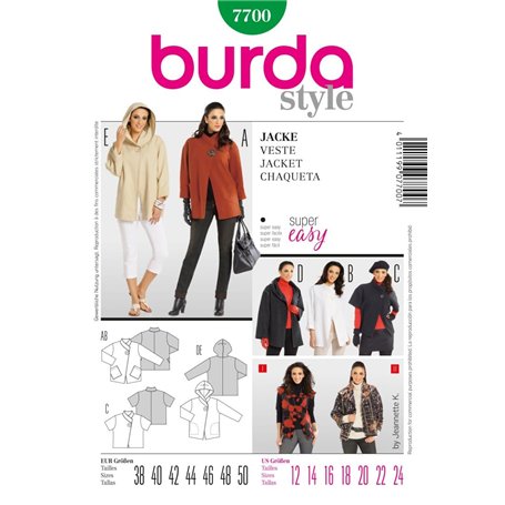 Burda B7700 Patron de Couture Veste 19 x 13 cm