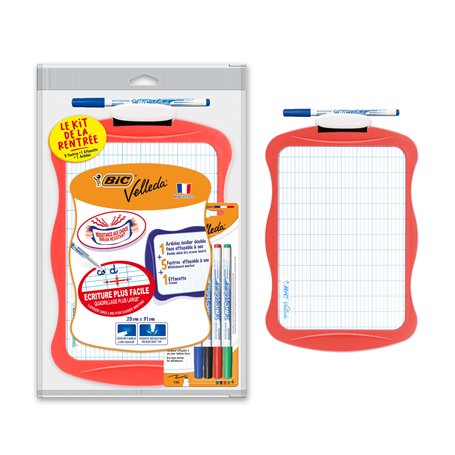 BIC Velleda Ardoise Ecolier Double Face Effaçable à Sec (20 x31 cm) avec 4 Feutres Effaçables à Sec et Effacette - Lot de 1 - co