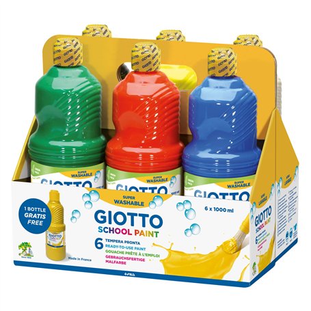 Giotto - 530900 - Assortiment de 6 flacons de 1 Litre de Gouache Lavable prête à l'emploi - pour école