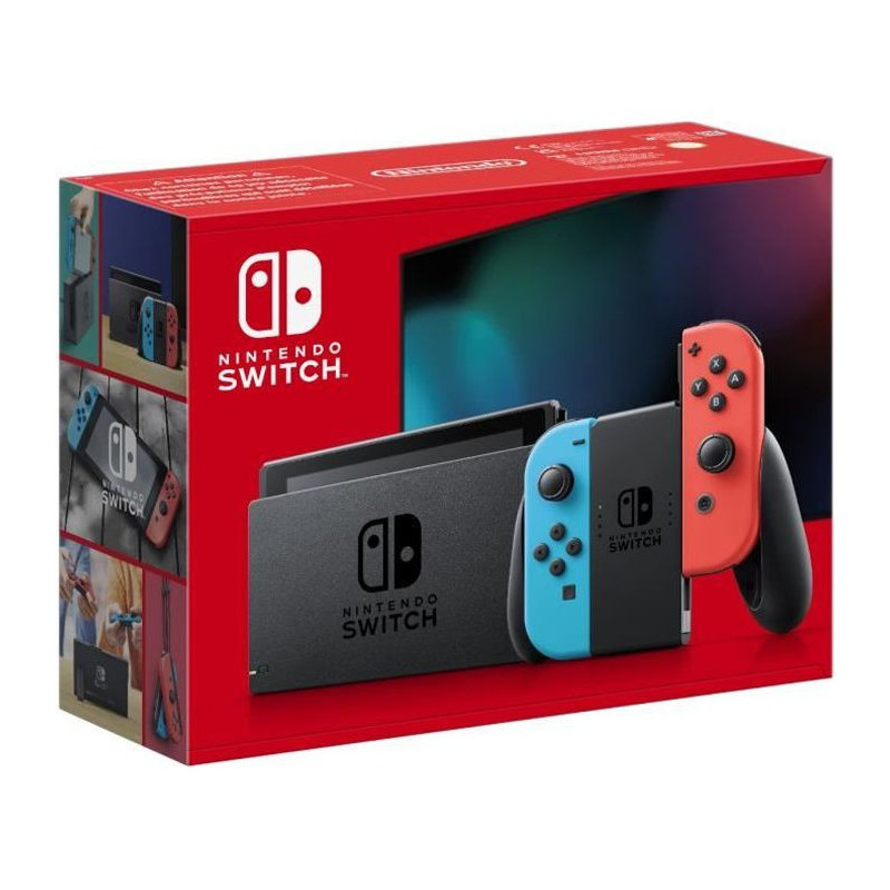 Console Nintendo Switch avec un Joy-Con rouge néon et un Joy-Con bleu néon