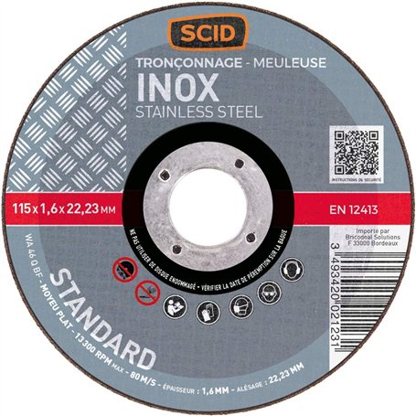 Disque à tronçonner l'inox SCID - Moyeu plat - Diamètre 115 mm - Alésage 22