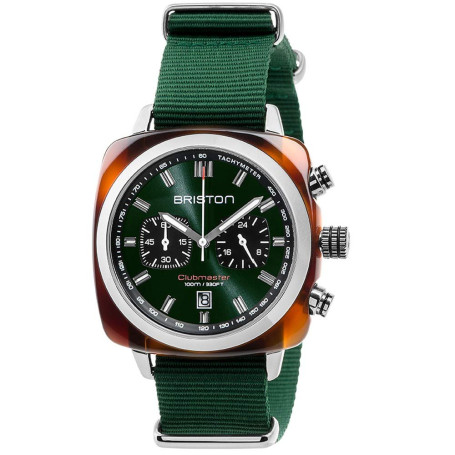 BRISTON Clubmaster Sport Acétate-Chronographe écaille de Tortue Cadran Vert Anglais soleillé