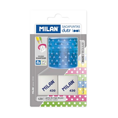 Blister sacapuntas Duet Look azul con 2 gomas 430
