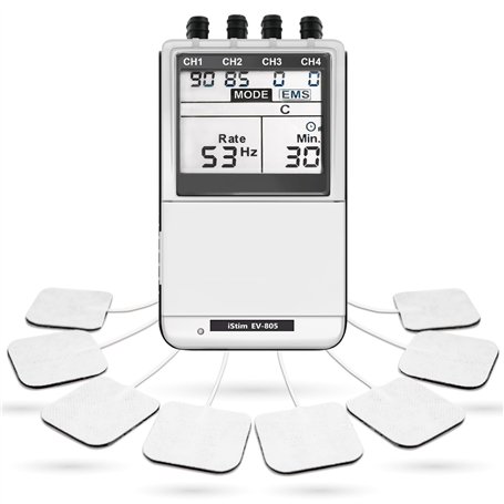 iStim EV-805 Électrostimulateur TENS & EMS – Appareil Digital 4 Canaux avec 16 Électrodes Réutilisables pour Douleur