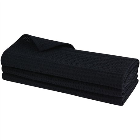 Lot de 3 torchons de cuisine noirs - 100 % coton - Motif gaufré - Torchon de cuisine - Noir