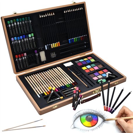 Artina Set de 89 pièces avec coffret dessin Genova – Set de peinture XXL dans coffret en bois – Set de peinture avec des craies