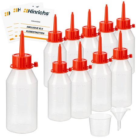 Hinrichs 10 flacons Compte-Gouttes de 100 ML avec Entonnoir et gobelet gradué - 10 étiquettes - Dosage et Conservation de liquid