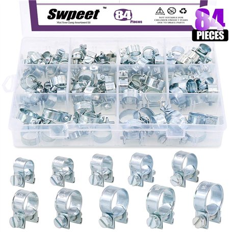 Swpeet Lot de 84 colliers de serrage plaqués zinc 10 tailles pour tuyau d'injection de carburant
