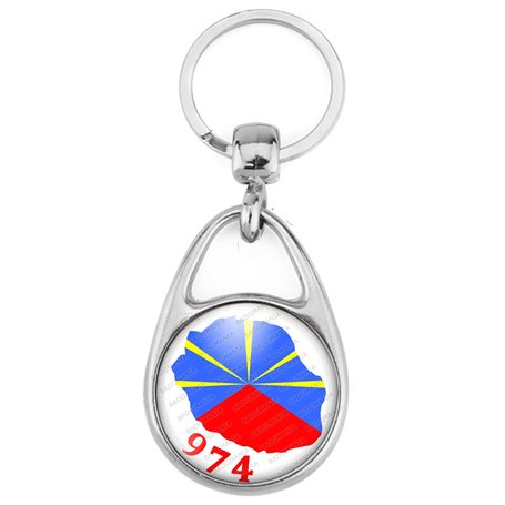 Badgmania Porte Clés Métal 2 faces| Ile de la Réunion 974 Drapeau Réunionais Flag Emblème France | Forme Goutte | Logo 30mm