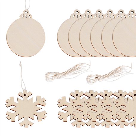 40pcs Embellissements en Bois Noël à Suspendre Ornements de Pendentifs en Forme Flocon de Neige Rond Boule Tranches de Bois Arti