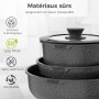 YASHE Batterie de Cuisine 15 Pièces, Poêles et Casseroles avec Revêtement Antiadhésif Effet Granit, Poignées Amovibles, Empilabl