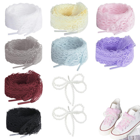 Lot de 8 paires de lacets en dentelle, plats, creux, fleurs, 120 cm, convient pour le style de ballet, accessoires mignons pour