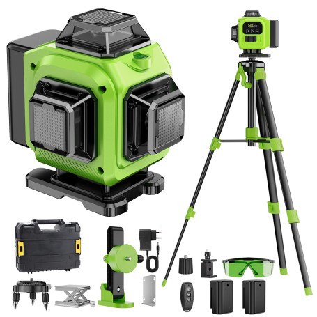 Niveau Laser Chantier Autonivelant 360° x 4, Lazer Niveaux 4D 16 Lignes Laser, Autonivellement et Mode Pulsé Extérieur, 2 x Batt